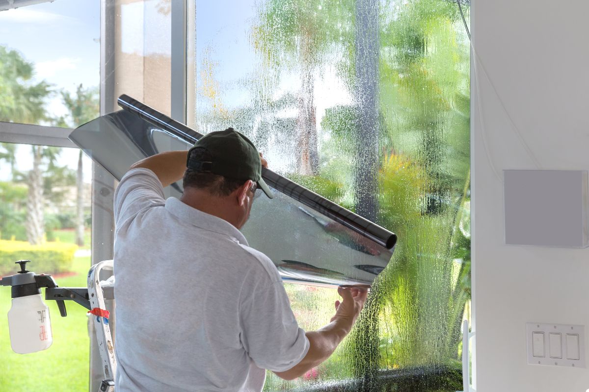 A man using a window cleaner to clean a large window, ensuring a clear and spotless view.