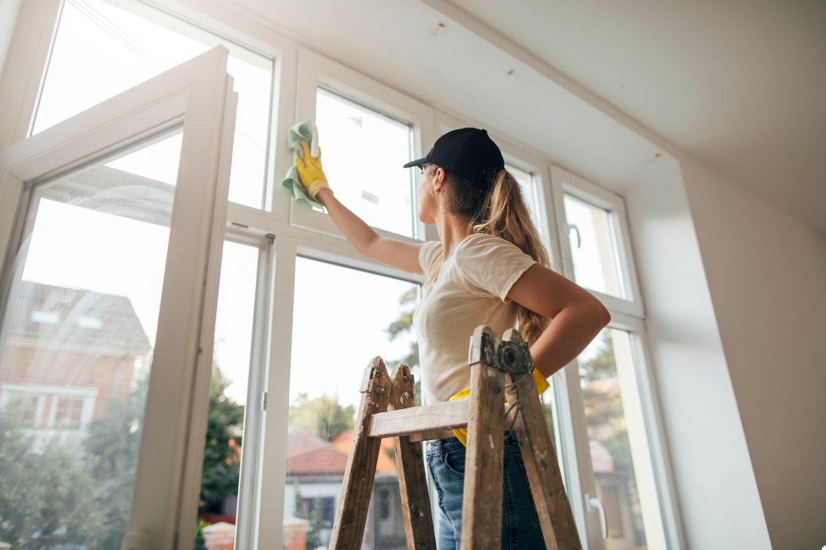 A woman on a ladder meticulously cleaning windows, showcasing her commitment to maintaining a tidy environment. 