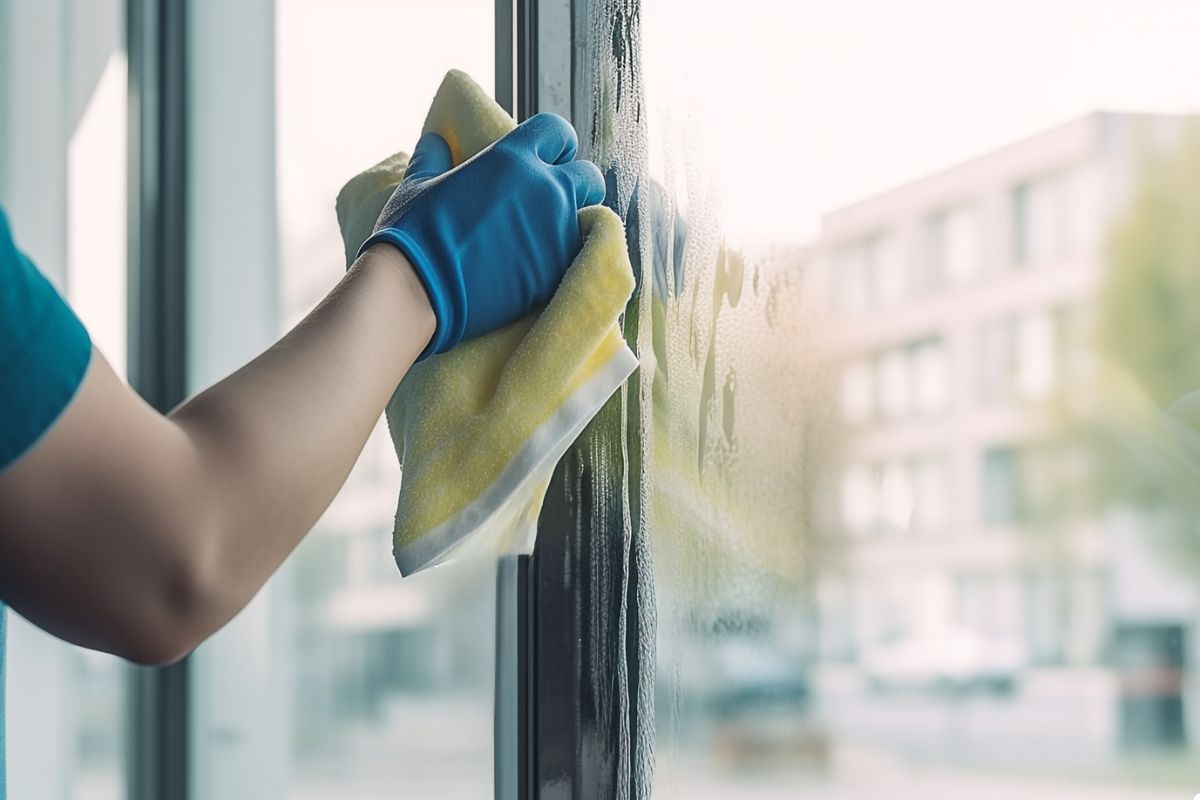A person diligently cleaning a window with a rag, ensuring a clear and spotless view.