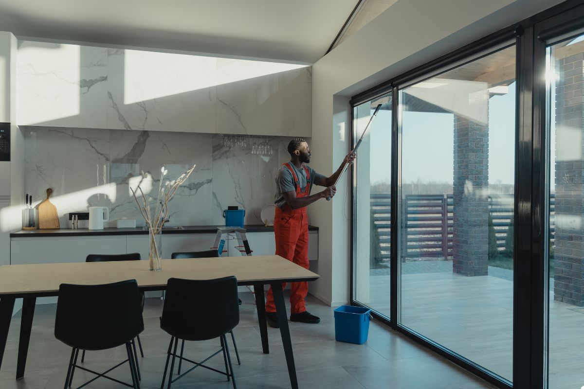 A man meticulously cleans glass windows in a contemporary home, ensuring a clear and polished finish.