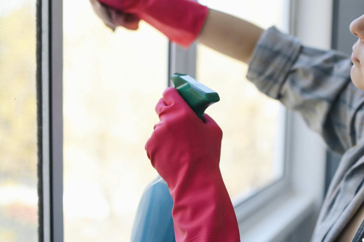 A woman wearing a pink shirt and gloves cleans a window, focusing on removing dirt and smudges for a clear view.