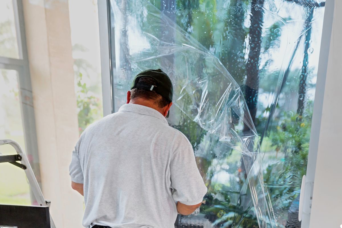 A man using a clear plastic sheet to clean a window, demonstrating a method for streak-free glass cleaning.