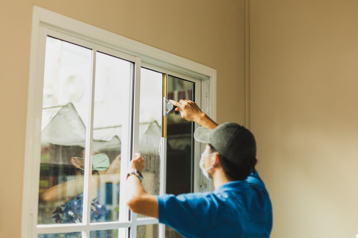 A man is using a squeegee to clean the window of a house, ensuring a clear view outside.